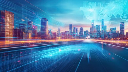 Aufkleber - A futuristic cityscape with digital elements and motion blur, conveying technology and progress.
