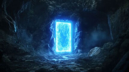 Wall Mural - Glowing Blue Portal in Dark Cave Entrance