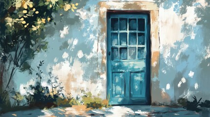 Wall Mural - Blue Doorway in a Weathered Building with Lemon Tree