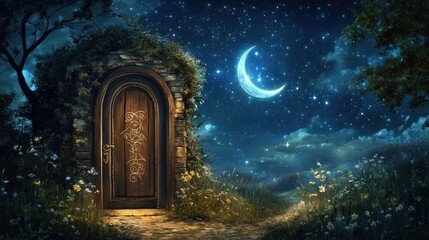 Poster - Enchanting Night Doorway Under Crescent Moon