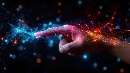 Wall Mural - a hand reaching out and connecting to a network visualized by glowing lines and nodes. ideal for tec