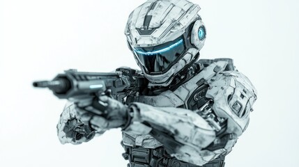 Poster - A futuristic robot figure aiming a weapon, showcasing advanced design and technology.