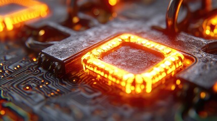 Wall Mural - close-up of a glowing microchip on a circuit board. ideal for technology websites blogs or articles 