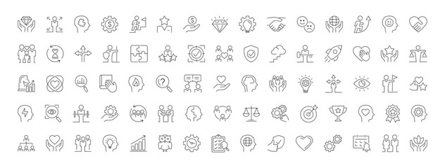 core values line icon set. containing performance, passion, diversity, exceptional, innovation, acco