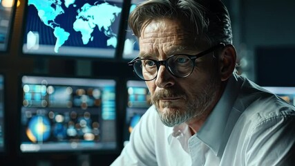 Poster - An experienced analyst intently studies various digital displays showcasing global data trends. The room is illuminated by the glow of multiple screens, emphasizing a focused atmosphere.