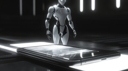 Aufkleber - A futuristic robot interacts with a smartphone on a sleek surface.