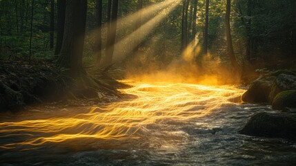 Wall Mural - Enchanting forest stream with glowing shimmering sunlight rays filtering through the lush verdant foliage and casting a magical ethereal glow over the mossy rocks and babbling waters  A serene