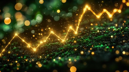 Wall Mural - a gold graph line rises against a dark, sparkling green background. this image symbolizes growth and