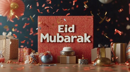 Poster - A festive Eid Mubarak celebration scene with gifts, ornaments, and confetti. Ideal for Eid greetings, social media posts, and festive website banners.