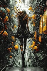 Wall Mural - Woman Walking in a Futuristic Cityscape