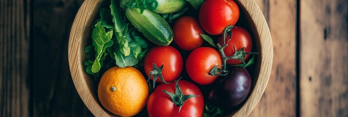 Wall Mural - A vibrant array of fresh vegetables showcases nature's bounty in a rustic wooden bowl setting.