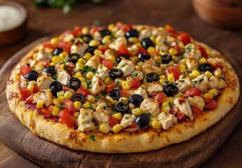 Wall Mural - Deliciously Fresh Chicken Pizza Topped with Juicy Tomatoes, Sweet Corn, Black Olives, and Herbs on a Crispy Crust Perfect for Sharing in a Cozy Setting