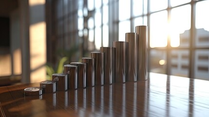 Wall Mural - shiny metallic cylinders rise in incremental steps on a wooden table suggesting growth and progress.