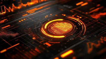 Canvas Print - futuristic orange glowing hud element with a circular design and data graph. ideal for sci-fi interf