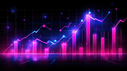 Wall Mural - neon pink and blue stock market chart on a dark grid background. ideal for presentations, websites, 