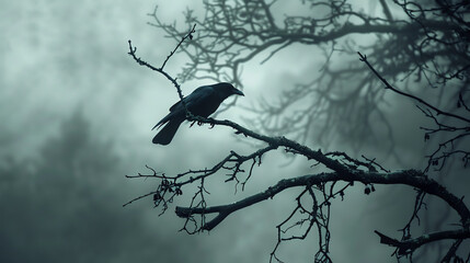 Raven on a bare tree branch against a hazy background