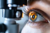 A remarkable close-up of a patient’s eye during an ophthalmic checkup, emphasizing the intricate structures of the eye and the illumination from diagnostic equipment.