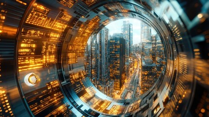 Wall Mural - a futuristic cityscape viewed through a high-tech tunnel with glowing data streams. ideal for sci-fi