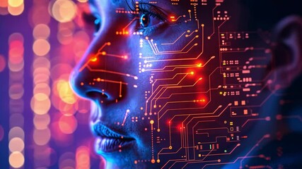 Leinwandbilder - A close-up portrayal of a human face adorned with vibrant digital circuitry patterns.