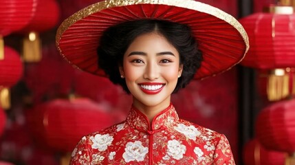 Elegant young woman in vibrant traditional attire smiling joyfully in a festive setting adorned with red lanterns and vibrant decorations, capturing cultural beauty and warmth.