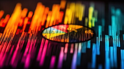 Wall Mural - close-up of a colorful digital display showing a pie chart overlaid on a vibrant spectrum of vertica