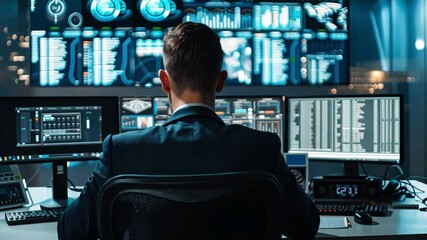 Leinwandbilder - A person in a suit is seated in front of an array of monitors in a dimly lit control room.