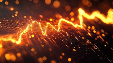 Wall Mural - abstract glowing orange waveform on dark background. visual representation of audio signal, data flo