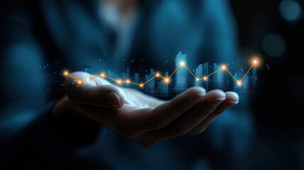 Wall Mural - a person holds a projected glowing line graph in their palms symbolizing growth and financial succes