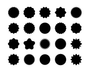 circle sticker set. starburst speech bubbles. wavy edge promo black badges. starburst shape tags for