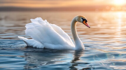 Poster - A serene swan glides on tranquil water bathed in golden sunset hues. Ideal for nature websites, travel blogs, or peaceful desktop backgrounds.