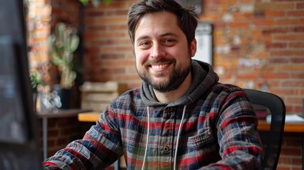 Fototapete - Man with a friendly smile sits at a desk in a warm, inviting workspace. Sunlight filters through large windows, showcasing plants and rustic brick walls.