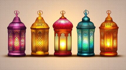 Sticker - Five colorful, ornate lanterns glow warmly, perfect for Ramadan or Islamic-themed designs. Ideal for greeting cards, website banners, or social media posts.