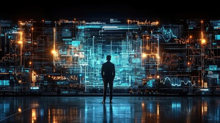 Wall Mural - a businessman observes a complex digital interface. perfect for showcasing data analysis, futuristic