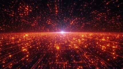 Wall Mural - abstract fiery grid landscape with glowing particles. ideal for sci-fi backgrounds, digital art, or 