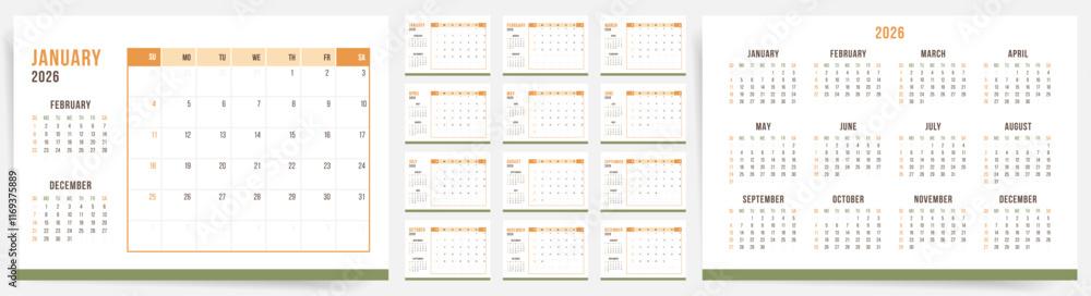 2026 Calendar Template Design. Sunday start office calendar. Desktop ...