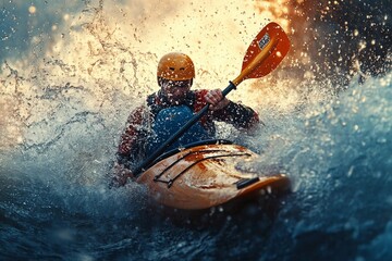 A kayaker makes sharp maneuvers through turbulent river rapids, splashing water everywhere while the sun illuminates the scene. Generative AI