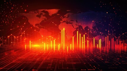 Wall Mural - a futuristic world map with glowing lines and bar graphs depicting global data connections and infor