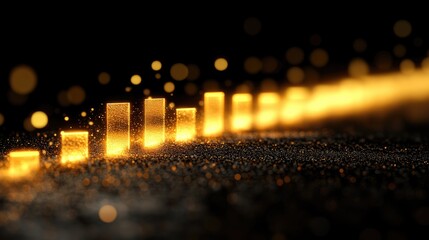 Wall Mural - glowing golden bar graph rising on dark glittery background. ideal for visualizing growth, success, 