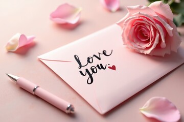  a pink envelope with a rose and the word love you