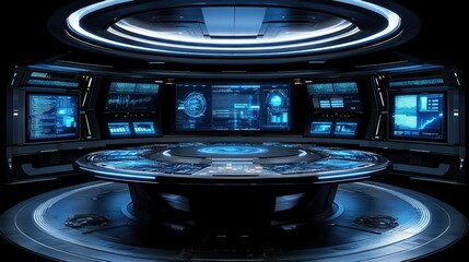 Wall Mural - futuristic command center with glowing blue screens and a central console. ideal for sci-fi movies o