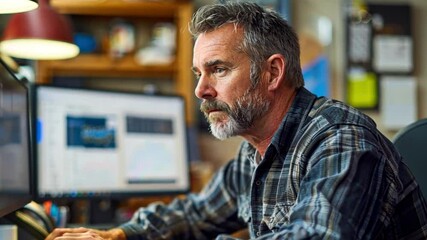 Poster - A man with a beard is intently engaged in his work at a computer, surrounded by various tools in a creative workspace. The natural light illuminates his concentration and dedication.