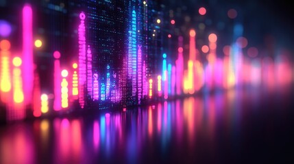 Sticker - Neon cityscape visualization with vibrant glowing lights. Perfect for tech backgrounds, music visualizations, or futuristic cityscapes.