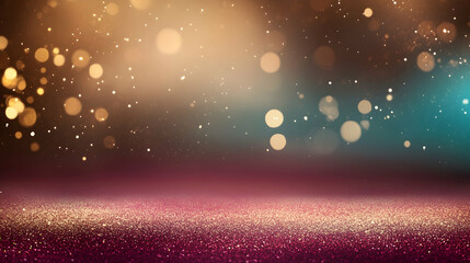 Wall Mural - vivid indoor bokeh with glowing golden and teal particles over a blurred burgundy gradient backgroun