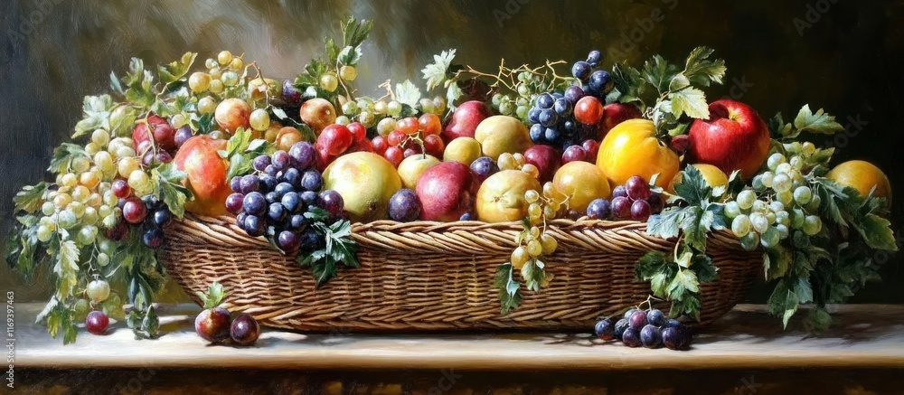 Still life painting of a wicker basket overflowing with assorted fruits ...