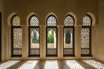 Wall Mural - Ornate arched windows cast patterned sunlight.