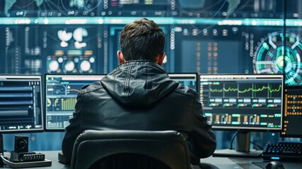 Poster - A person is engaged in detailed analysis using several computer screens displaying complex data and analytics in a futuristic control room. The atmosphere is dark, creating a focused workspace.