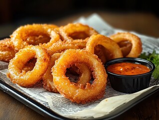 Crispy fried onion rings served with spicy dipping sauce on a rustic tray at a casual dining restaurant