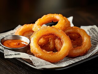 Wall Mural - Crispy onion rings served on a tray with dipping sauce at a casual dining establishment in the evening