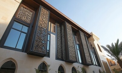 Wall Mural - Ornate building facade, patterned screens, large windows.