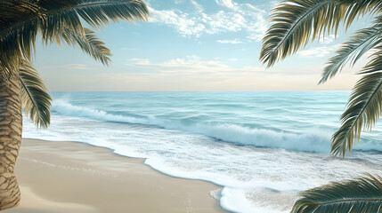 Wall Mural - a serene beach scene with soft waves gently washing onto the shore, framed by palm trees